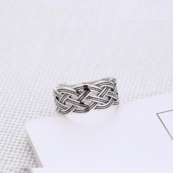 

cluster rings 1pc retro vintage authentic s925 sterling silver fine jewelry braid weave twisted band adjust j497, Golden;silver