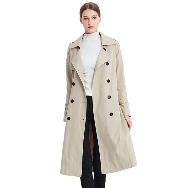 

spring autumn women double breasted long khaki windproof coat casual female belt slim fit turn down collar windbreaker outwear 210513, Tan;black