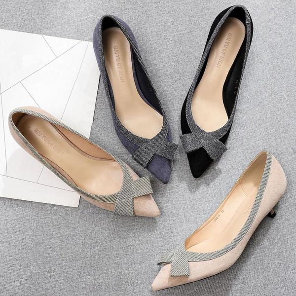 

dress shoes spring high heels women pumps flock leather thin heel sequin bow wedding party pointed toe office lady o0005, Black