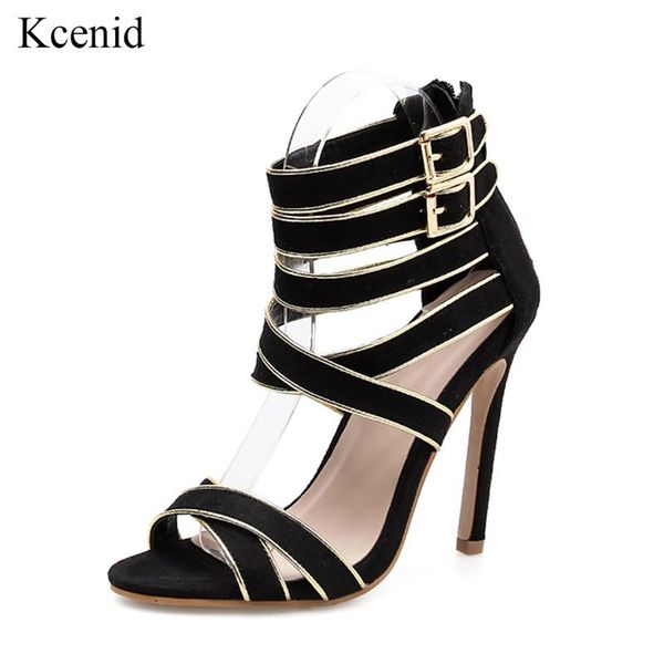 

kcenid summer sandals women pumps open-toed high heels shoes fashion buckle cross-strap thin party zipper dress, Black