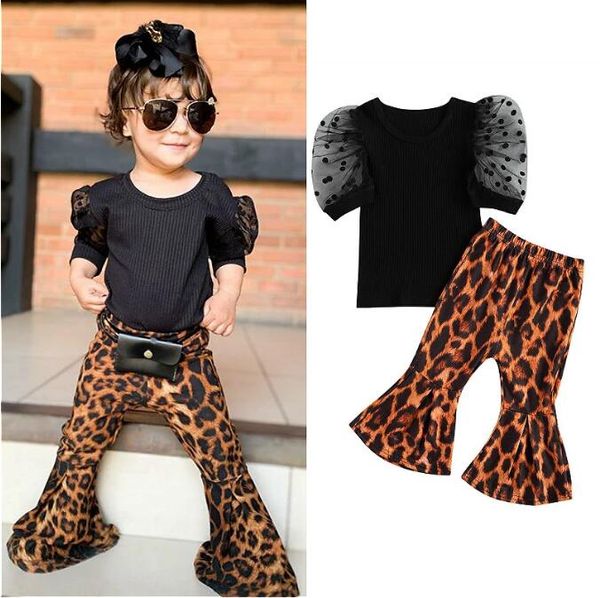 Miúdos Bebê Roupa Define Summer Puff Curto Manga Blusa + Leopardo Flared Calças Moda Casual Crianças Roupas