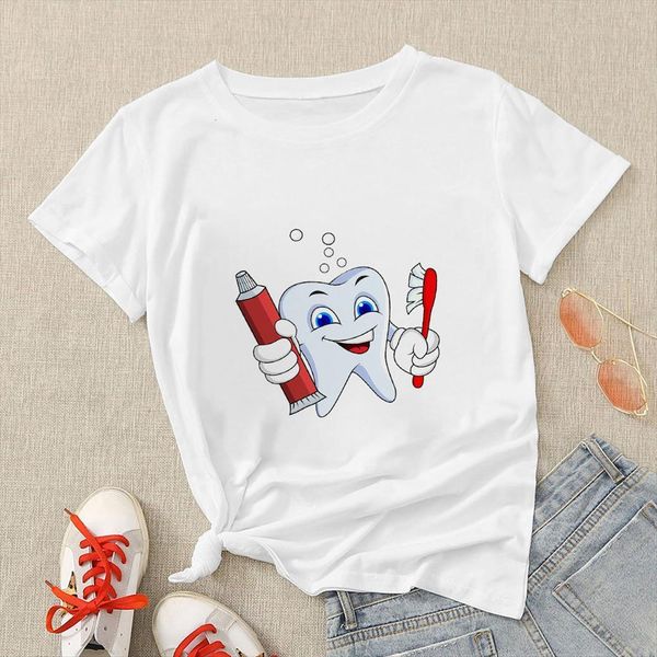 

teeth versatile healthy personalized women t shirts style graphic printed clothing casual korean oversize, White
