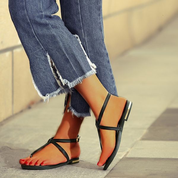 

sandals 34-46 simply design women buckle sandal genuine leather flip flop lady flat heel slipper all-match beach shoes zy767, Black