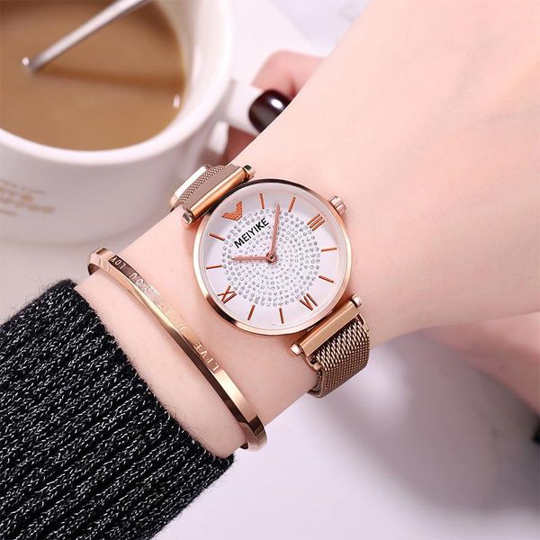 

women watches 2021 luxury diamond rose gold ladies wrist magnetic bracelet watch for female clock relogio feminino wristwatches, Slivery;brown