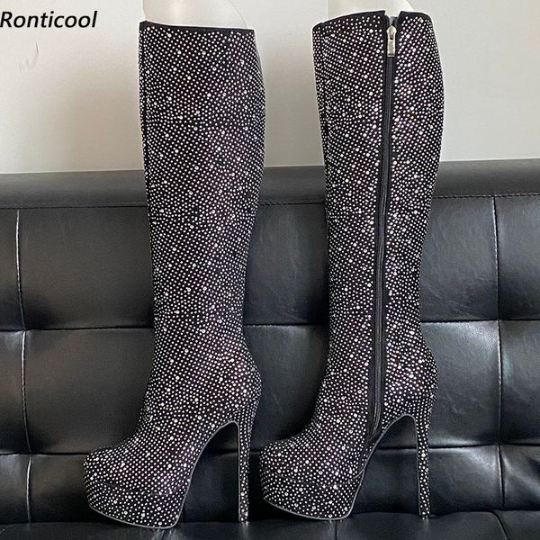 Rontic Women Winter Knee Botas Impermeáveis ​​Stiletto Saltos Redondos Redondos Bonita Rhinestone Night Club Shoes Tamanho 5-20