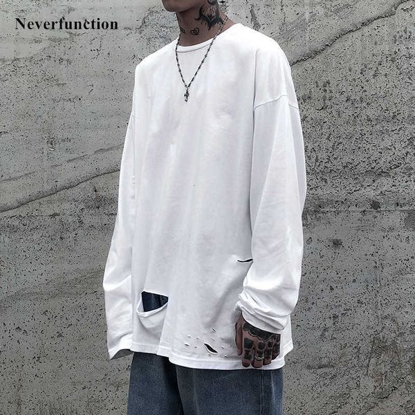 

men's t-shirts t shirt men kanye west style oversized ripped long sleeve tshirts streetwear simple solid color hole cotton male casual, White;black