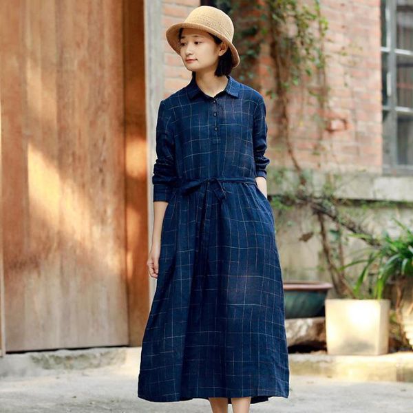 

johnature plaid linen women dress vintage loose spring women clothes turn-down collar leisure concise ladies dresses 210521, Black;gray
