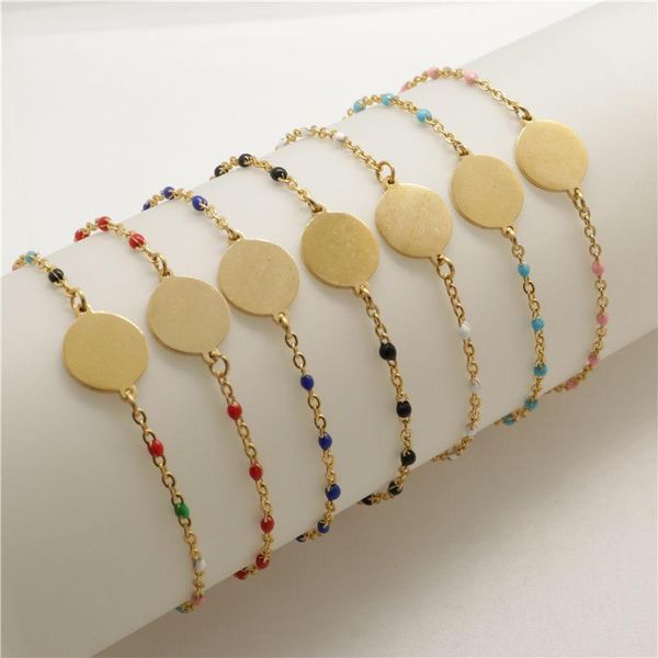

charm bracelets 1 pc stainless steel link cable chain round gold color enamel bracelet for fashion women jewelry gifts 18cm long, Golden;silver