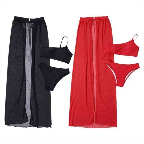 

women 3pcs bikini set solid color one shoulder tube triangle bottom swimsuit with slit mesh maxi skirt cover, White;black