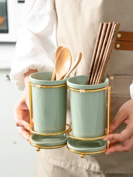 

storage bottles & jars kitchen ceramic chopstick holder nordic cutlery spoon box racks can be drain double bucket with metal shelf