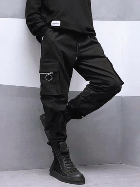 

men zip flap pocket drawstring pants j9lf#, Black