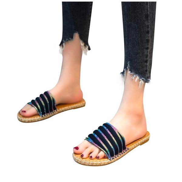 

fashion crystal slippers women summer flat sandals casual beach shoes open toe slides big size slipper female ladies, Black