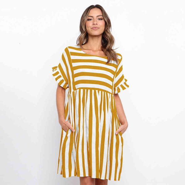 

dresses 2021 new spring summer striped women casual loose butterfly sleeve patchwork o neck ladies knee length, Black;gray