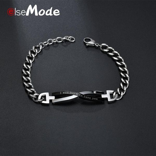 

link, chain elsemode romantic cz cross promise lover bracelets titanium steel for women men valentine day gifts casual jewelry, Black