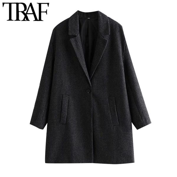 

traf women fashion single button loose check woolen coat vintage long sleeve back vents female outerwear chic overcoat 210415, Black