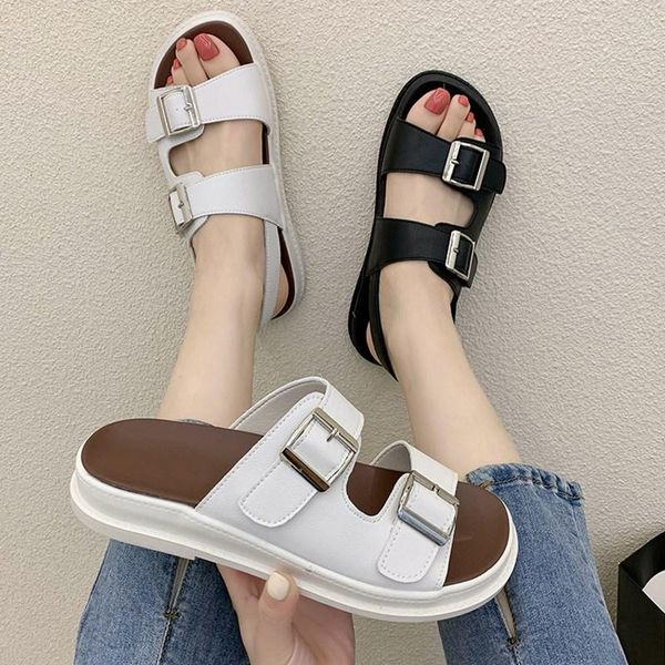

sandals eoeodoit summer platform open toe leather slippers women rome buckle shoes flat heel, Black