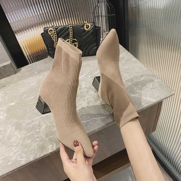

pointed toe autumn winter women ankle boots stretch knitting sock high heels female slip on ladies shoes woman, Black