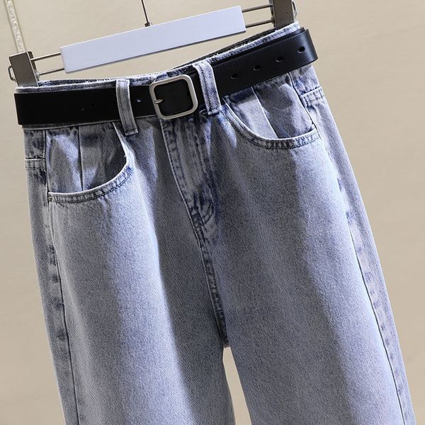 women's high-waisted brim hare casual korean loose vintage jean mother's brem plus size pantalon pants with belt, Blue