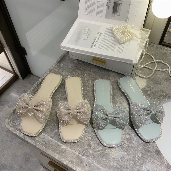 

slippers women summer square toe transparent heel glitter slides female shoes butterfly-knot fashion rubber flip flops jelly, Black