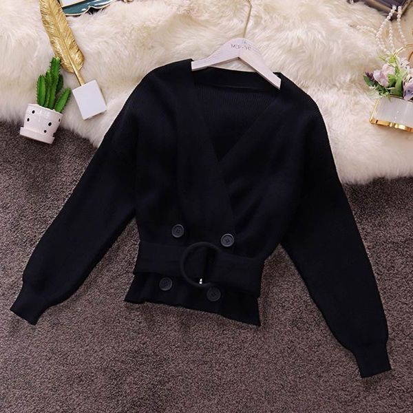 

women's knits & tees spring autumn women double breasted jacket loose cardigans casual v-neck chic knitted sweat, White