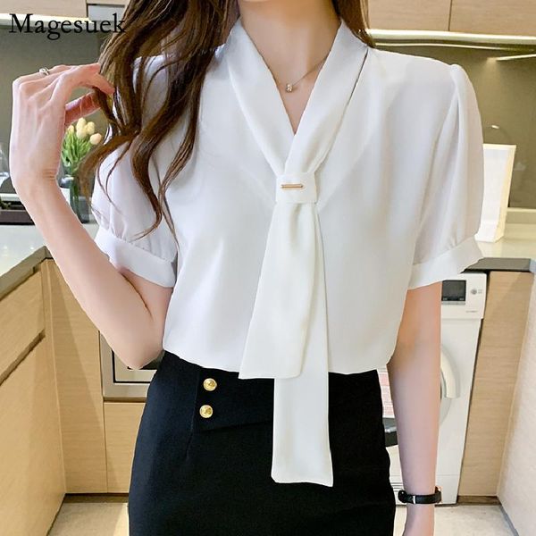 

women's blouses & shirts summer office lady chiffon blouse women 2021 v neck short sleeve clothing fashion white blusas mujer 15063