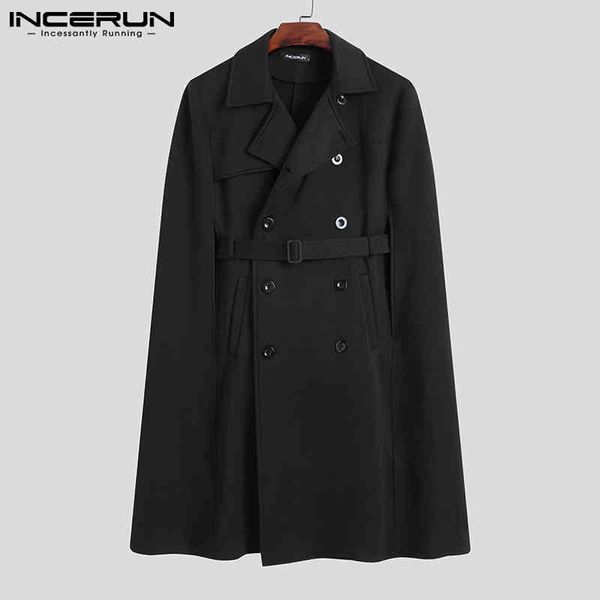 

incerun casual windbreaker, belt, fashion coat, lapel, solid color, double button, cloak, street cloth, pocket, s-5xl, 2021, Black