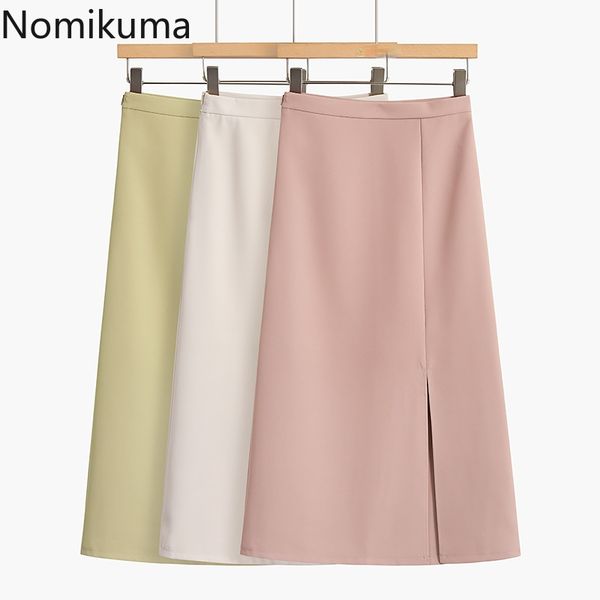 

nomikuma korean elegant a line skirt women solid color temperament high waist skirts female split design chic faldas mujer 210514, Black