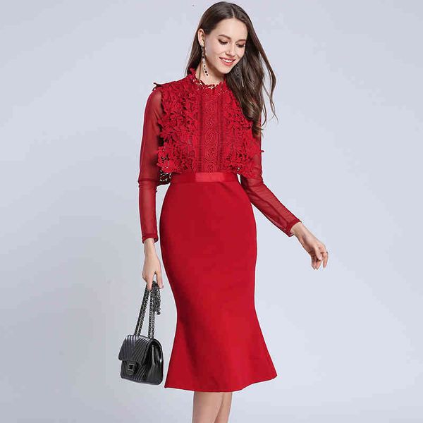 

mermaid runway elegant vintage mesh lace long sleeve wrap pencil midi red bodycon knee length party vestidoay es, Black;gray