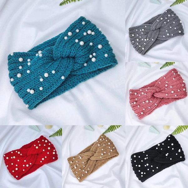 

fashion elastic knitted cross headbands for women girls elegant imitation pearls hairbands autumn winter hair accessories, Silver