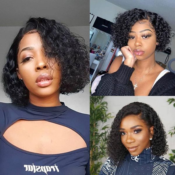 

pixie cut wig human hair wigs short curly pre plucked bleached knots bob 13x1 lace 150% density t part remy, Black;brown