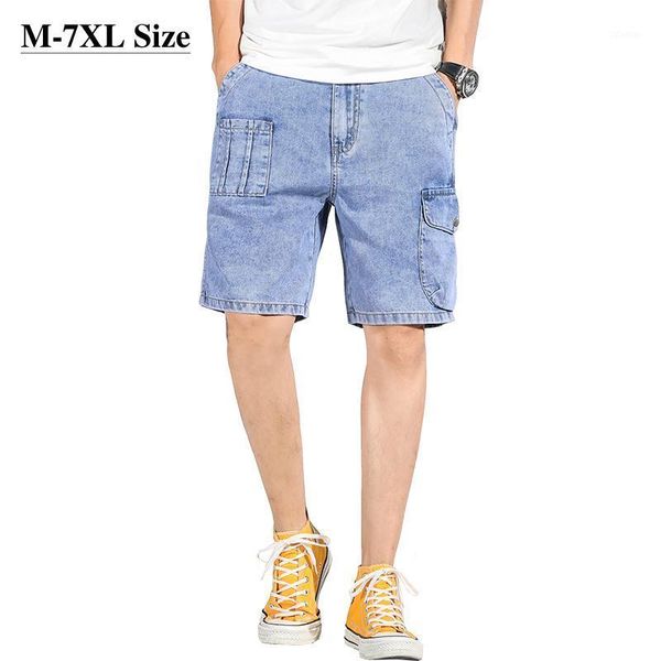 

men's shorts plus size 6xl 7xl denim summer loose thin section fashion design light blue jeans male brand streetwear, White;black