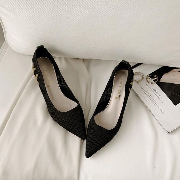 

dress shoes 2021 women's high heels butterfly pattern pointy elasticated fabric casual ladies j14-20, Black