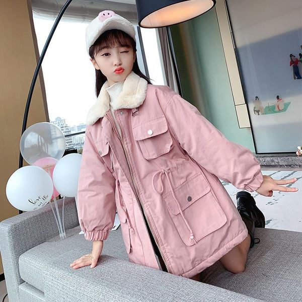 

down coat girls winter casual cotton jacket plus velvet padded pink blue warm parka lapel waist, Blue;gray