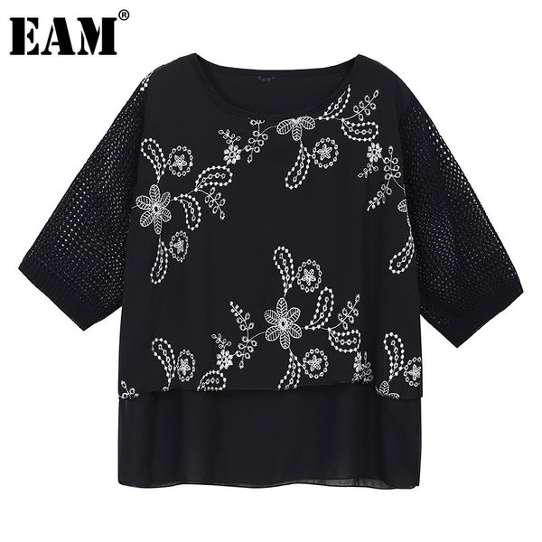 

[eam] women black embroidery big size casual t-shirt round neck three-quarter sleeve fashion spring summer 1dd8699 210512, White