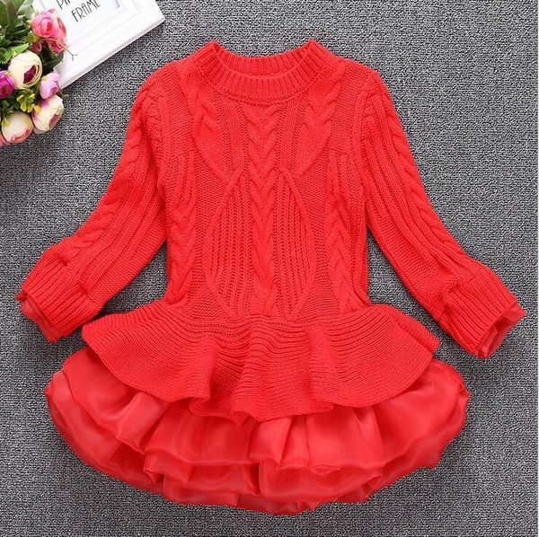 

girl's dresses long sleeved sweater dress in winter, Red;yellow