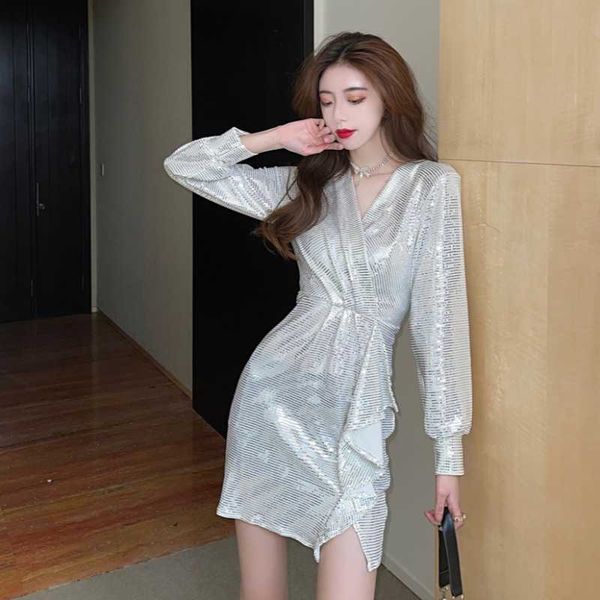Sexy Mini Sequin Press Black V-образным вырезом женщин тонкий с длинным рукавом весна одежда дамы корейский вечерний клуб 210604