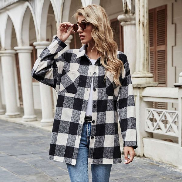 

fashion lapel plaid loose casual shirt coat autumn winter, Black;brown