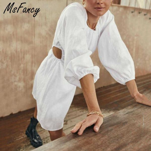 

msfancy summer wihte linen dress women waist hollow out design vestido de mujer three quarter sleeve robes 210604, Black;gray