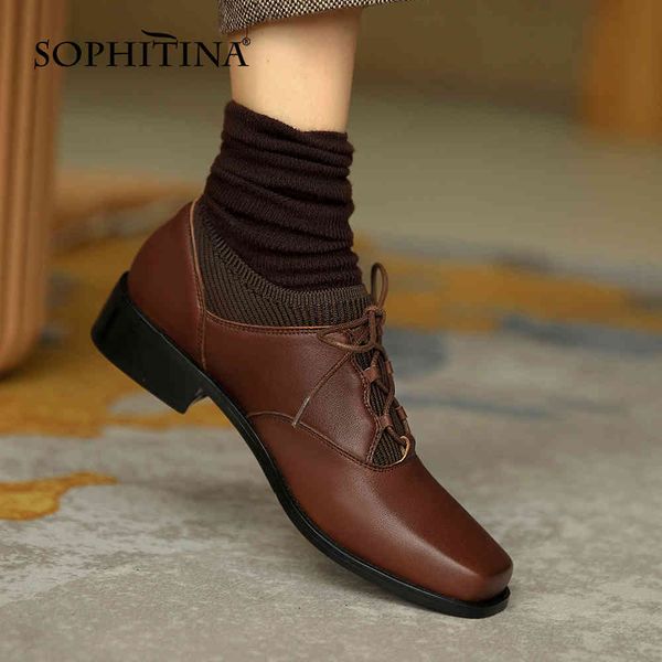 

sophitina spring autumn wollen fabric flat woman england style genuine leather square toe low square heel flat shoes po767 210513, Black