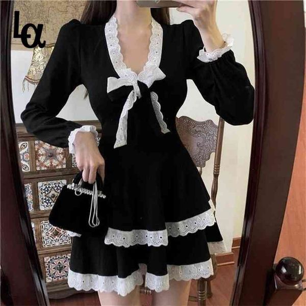 

black vintage dress women bow designer french style lack patchwork full sleeve slim mini chic autumn clothing 210519, Black;gray