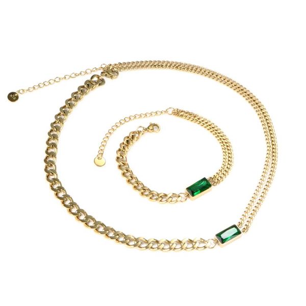 

earrings & necklace zmfashion vintage jewelry set black/green square stone double chain bracelet for women men stainless steel women's, Silver