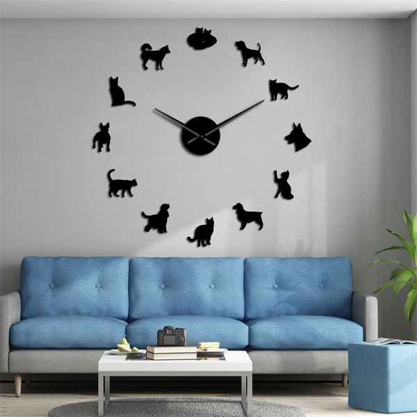 Silhouette Katzen Wandkunst Kätzchen DIY Riesige Wanduhr Verspielte Katzen Große Nadel Kitty Mädchenzimmer Große Wanduhr Katzenfan Geschenk 5037 Q2