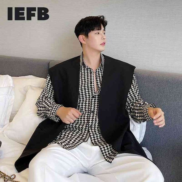 IEFB moda colete colar menos terno jaqueta design waistcoat tendência coreana preto sem mangas brancas tops com cinto 9Y7758 210524
