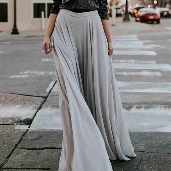 

skirts vintage women retro chiffon pleated double layer skirt ladies long elastic 2021 gray high waist maxi, Black