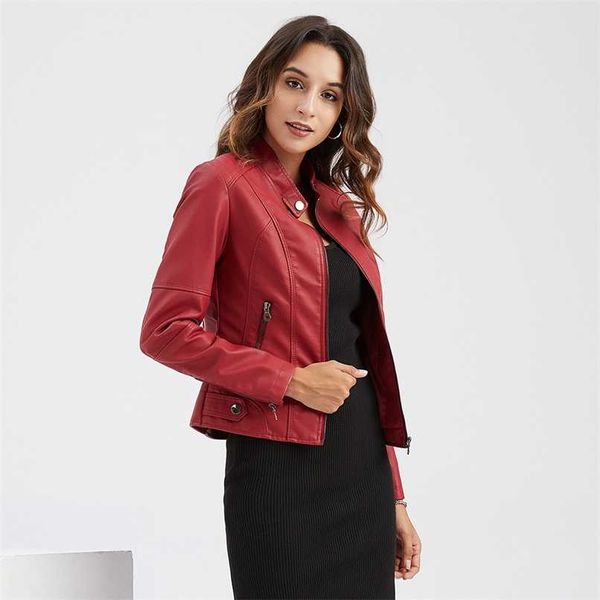 Elegante Stehkragen-rote Lederjacke Damen Frühling Herbst PU-Mantel schwarze Mädchen Kunstlederjacken 211007