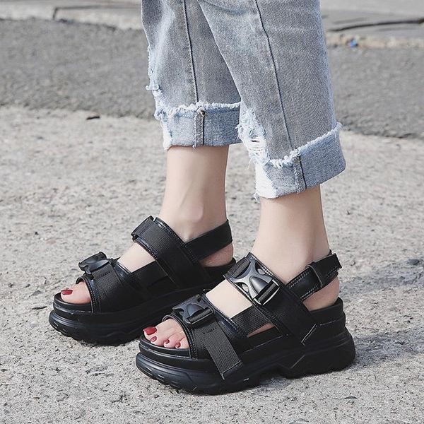 

koovan women's sandals summer women buckle design black white platform comfortable thick sole beach shoes