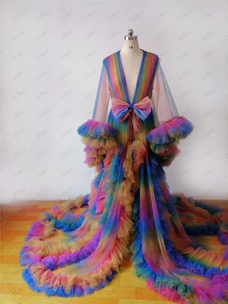 

rainbow robe fashion ruffles tulle robes women maternity dress po shoot extra puffy sleeves cape dresses women's sleepwear, Black;red