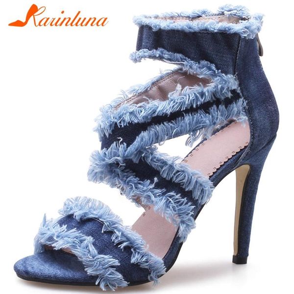 

big size 33-43 ladies 2021 party sandals fashion denim zip summer women thin high heels shoes woman, Black