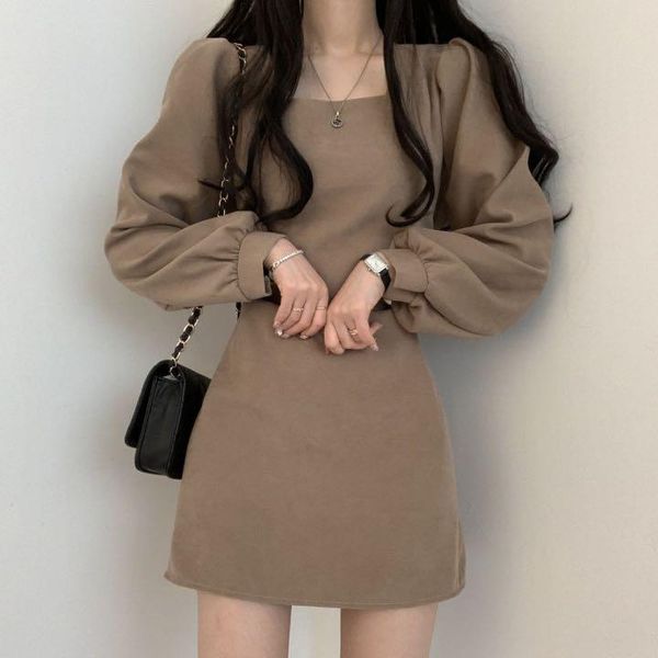 

casual dresses autumn vintage temperament mini dress women slim square neck puff sleeve short korean fashion vestidos robe, Black;gray