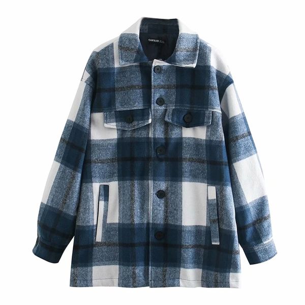 

vintage chic contrast colors patchwork plaid jacket stylish women cotton pockets turn-down collar coat casual girls streetwear 210531, Black